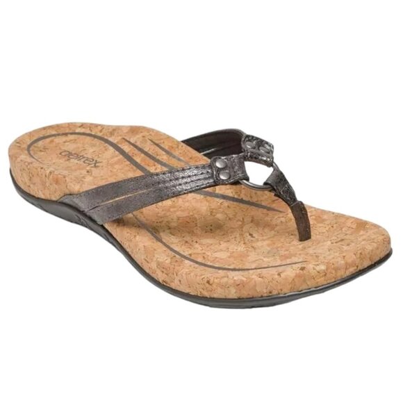 Aetrex Taylor Metallic Leather Cork Footbed Casual Thong Sandals Pewter Gray 6 - Picture 1 of 8